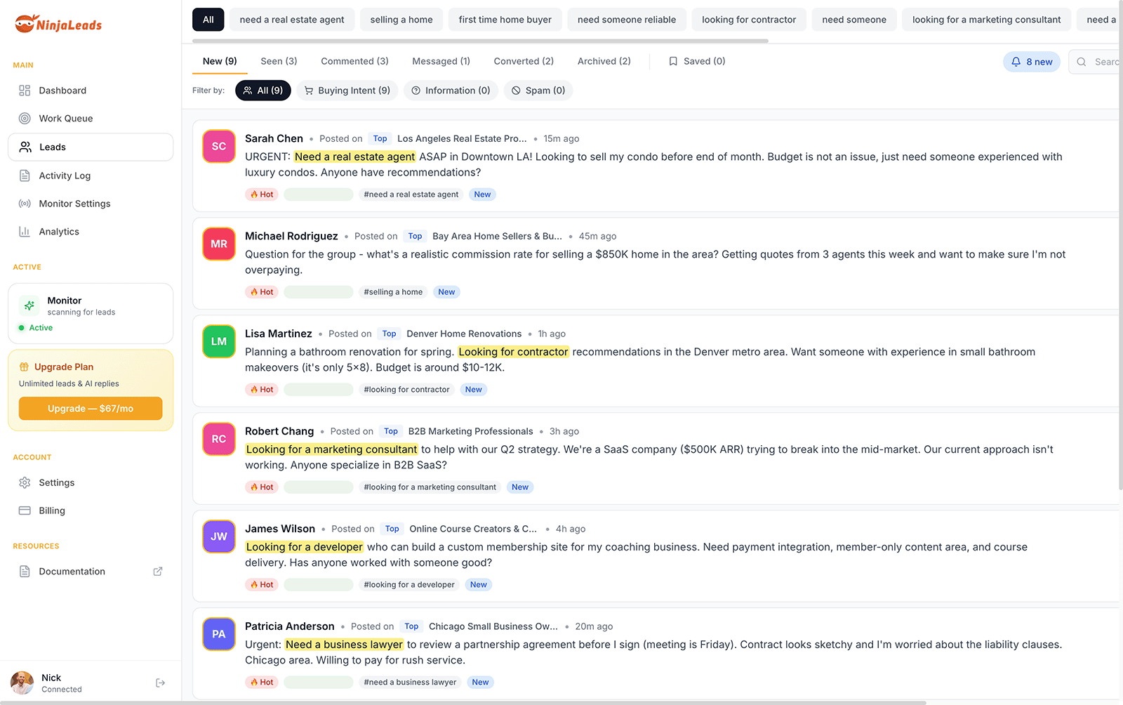NinjaLeads Lead Detection view showing Facebook group posts with keyword matching and intent scoring