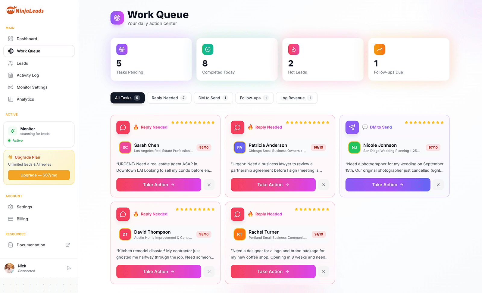 NinjaLeads Work Queue showing daily action center with prioritized tasks and hot leads