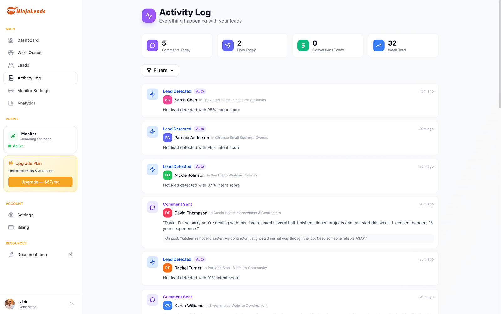 NinjaLeads Activity Log showing lead detection events and comment history